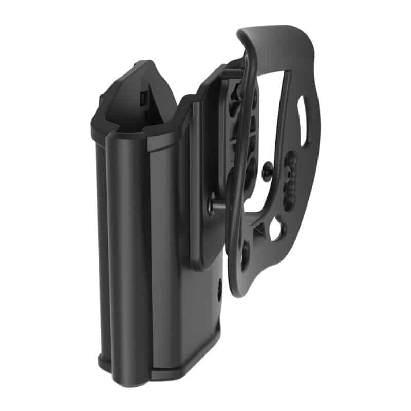 The primary purpose of this holster is secure and comfortable carry of a pistol on the belt using a paddle attachment.